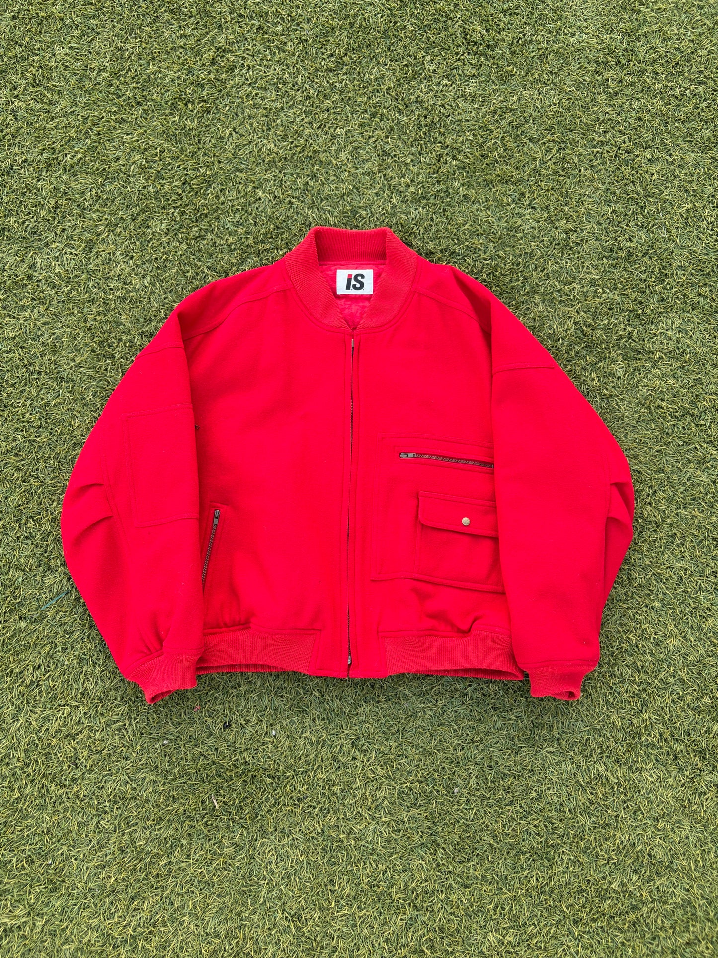 1984 Issey Miyake Sport Care Label Red Wool Varsity Jacket
