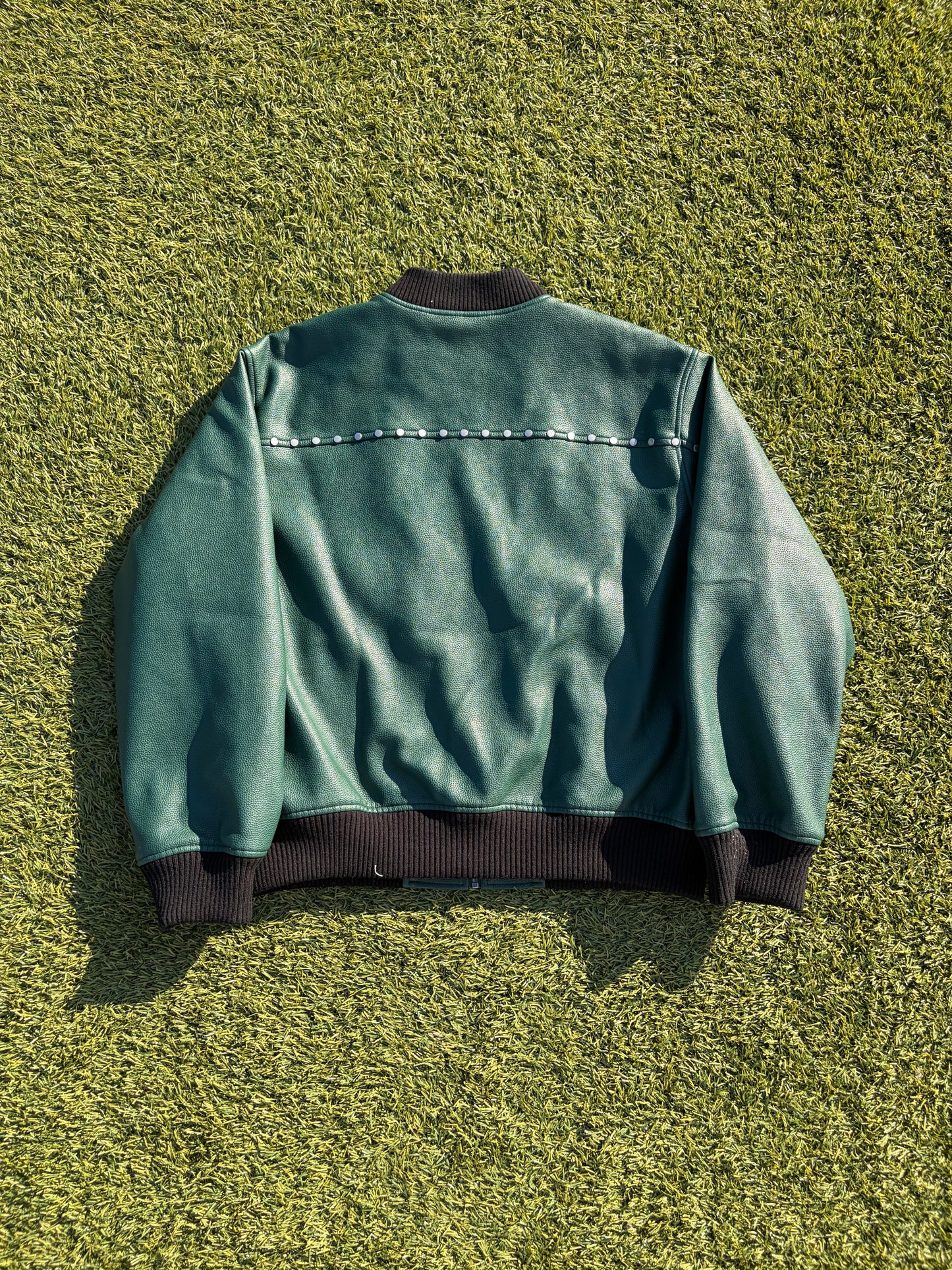 AFB Green Studded Leather Bomber Jacket
