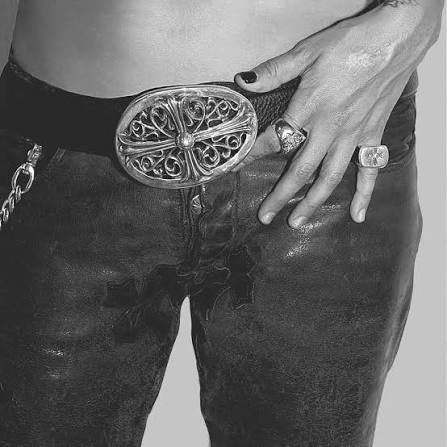 Chrome Hearts Sterling Silver Oval Cross 1.5 Inch Leather Belt