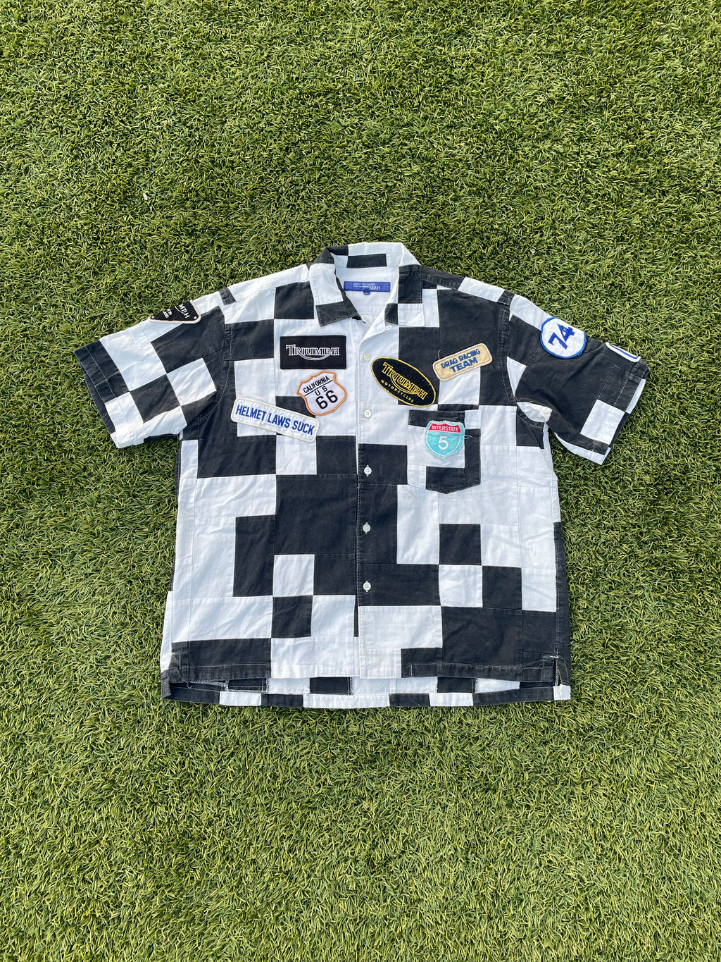 AW2002 Junya Watanabe Checkered Print Moto Patchwork Button Up