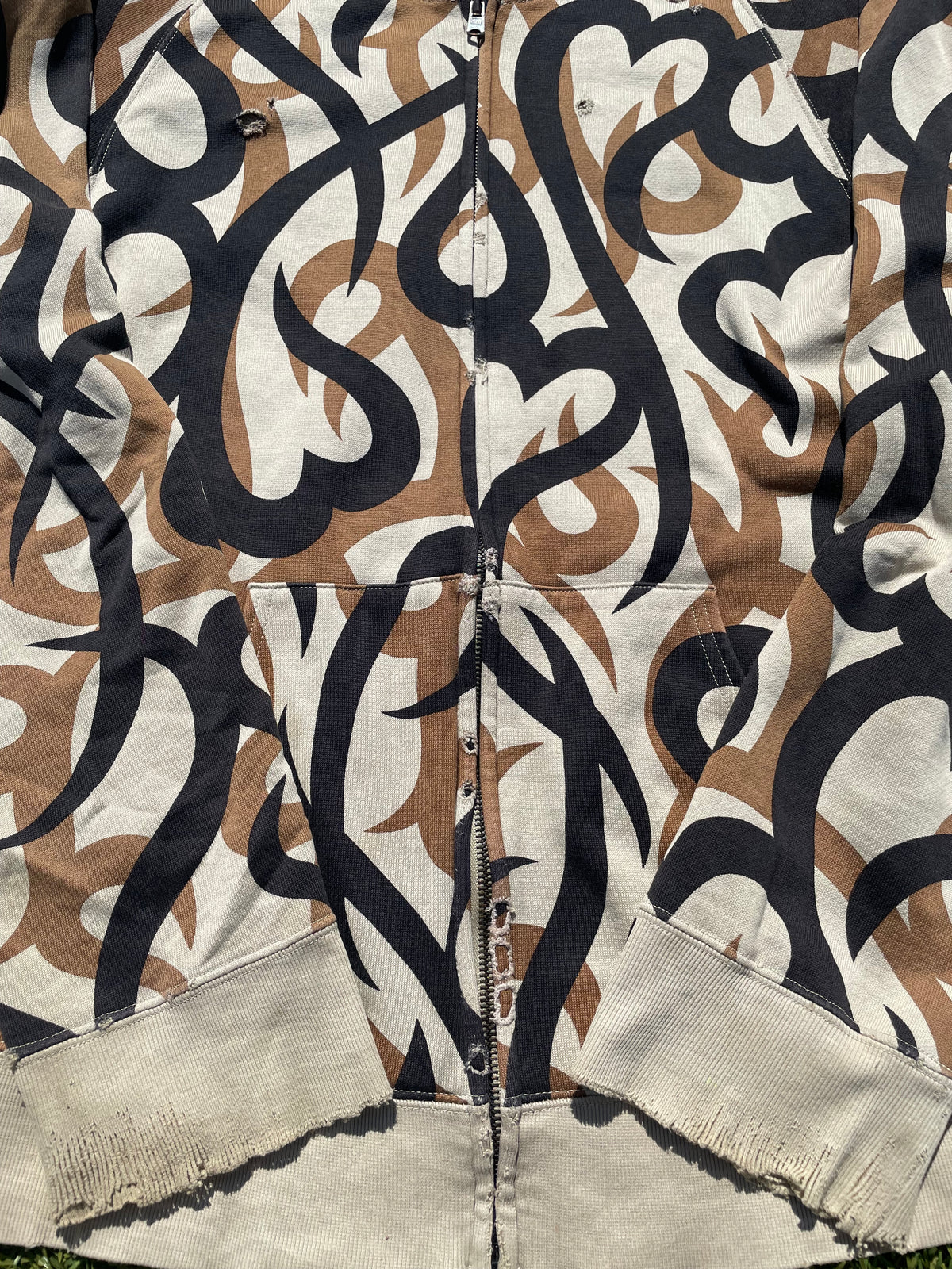 AW04 “Give Peace A Chance” - Number (N)ine Tribal Heart Camo Distressed Zip Up Hoodie