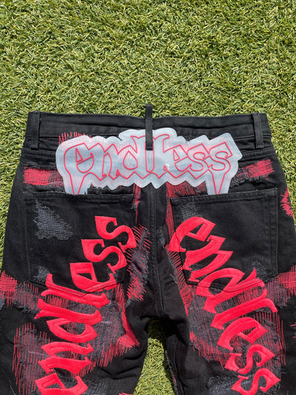 Endless Black/Red Distressed Scab Denim