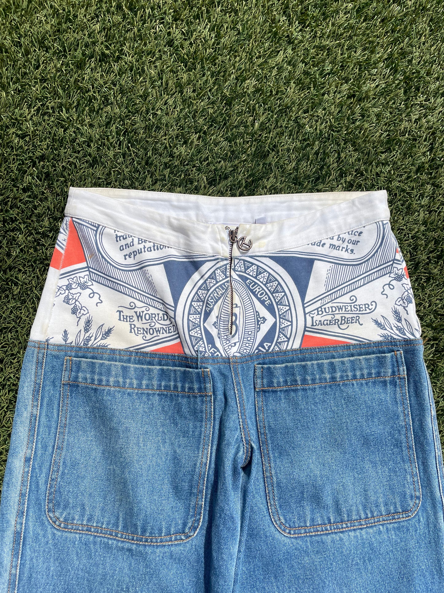 SS19 Telfar Drop Waist ‘Budweiser’ Hybrid Denim