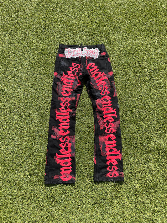 Endless Black/Red Distressed Scab Denim