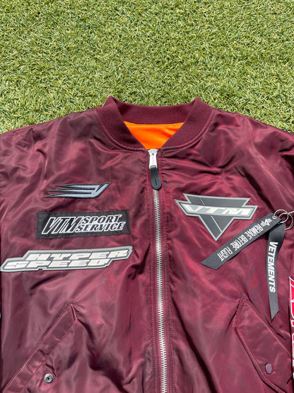 2021 Vetements X Alpha Industries Moto Racing Burgundy Bomber Jacket