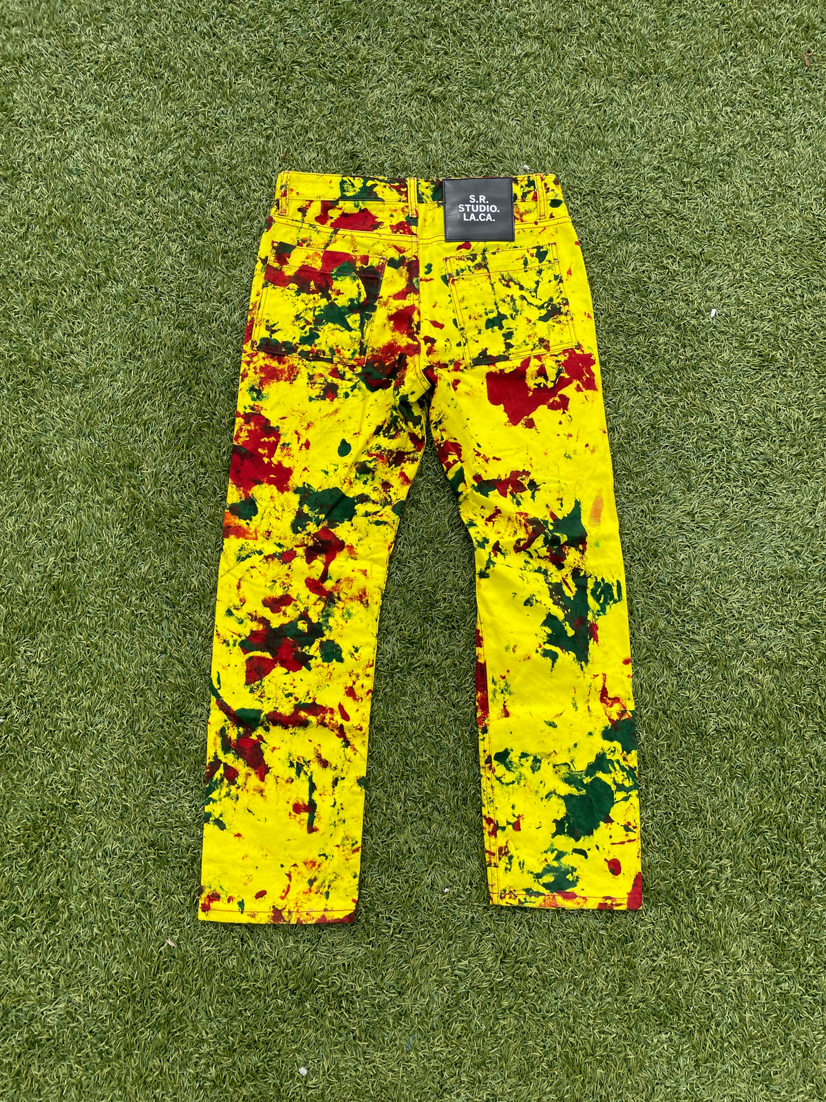 SS20 S.R. Studio. LA. CA. By Sterling Ruby Yellow Hand Dyed Paint Splatter Soto Denim