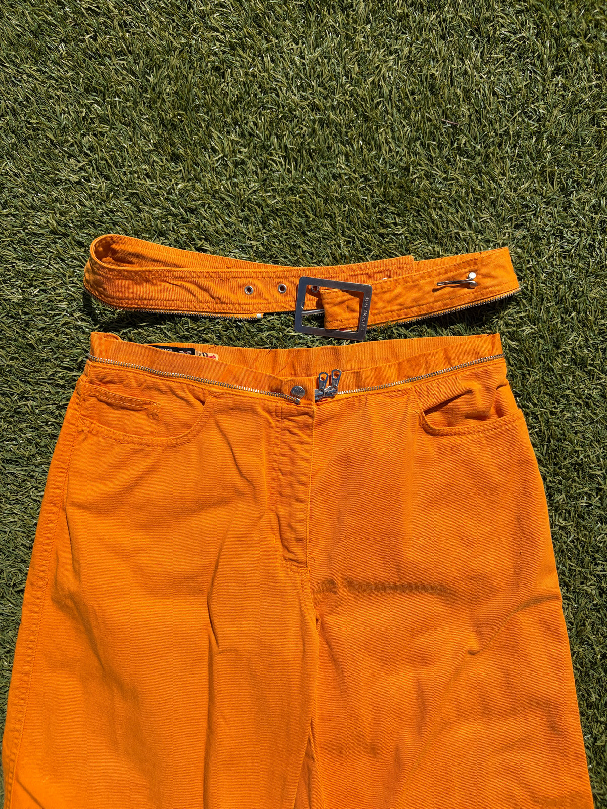 1990s Jean Paul Gaultier Orange Convertible Belt Zipper Denim