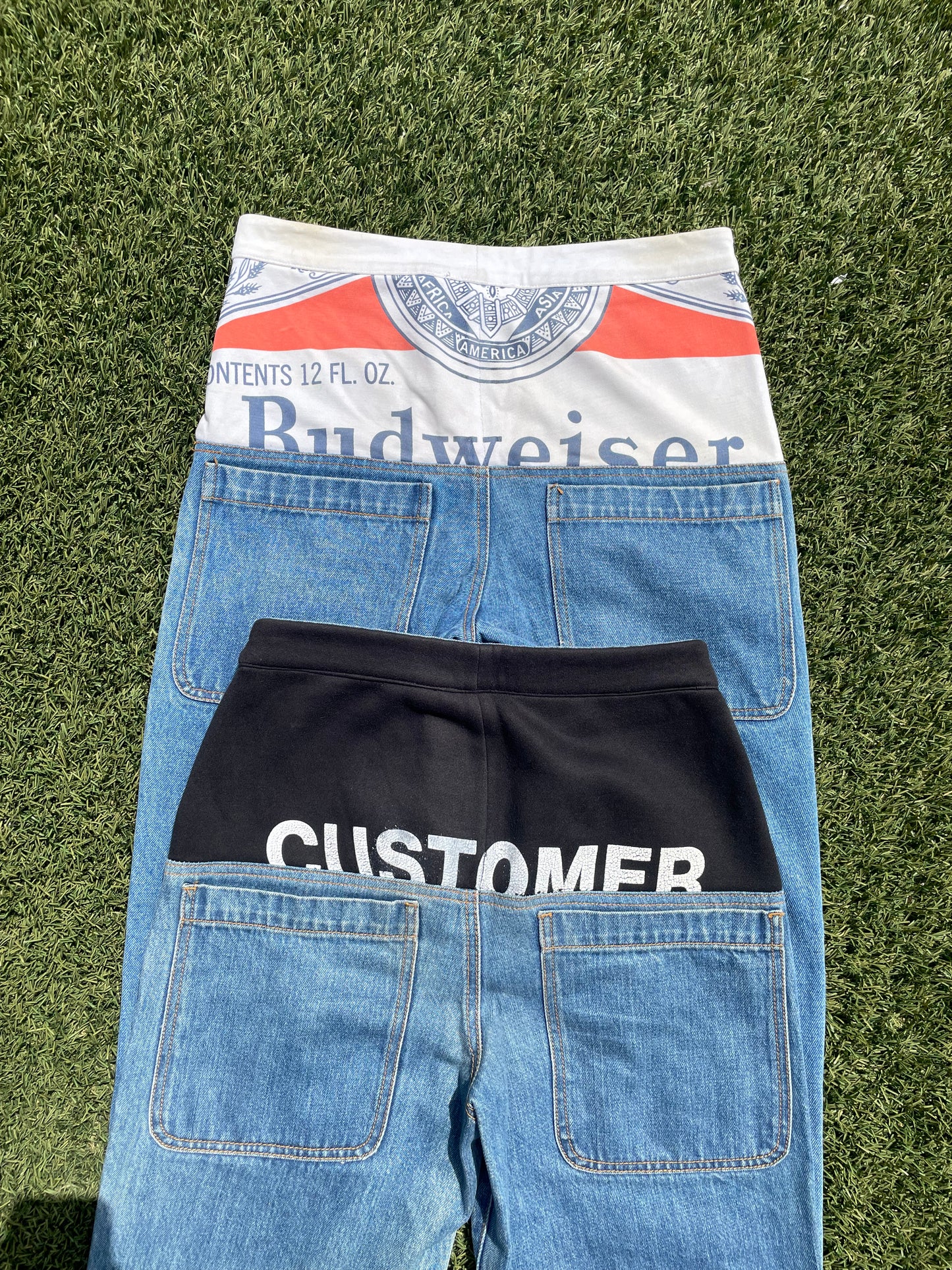 SS19 Telfar Drop Waist ‘Budweiser’ Hybrid Denim