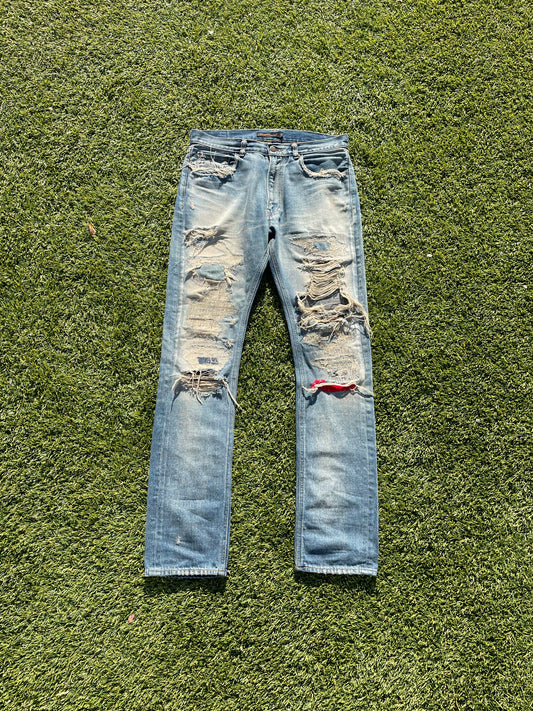 AW04 “But Beautiful” - Undercover 68 Red Yarn Distressed Denim