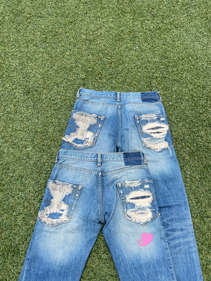 AW05 “Arts & Crafts” - Undercover Distressed Zig Zag Stitch Denim