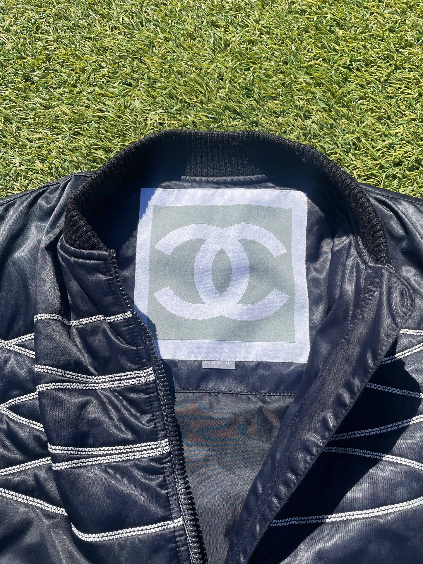 FW2006 Chanel Sport Contrast Stitching Satin Padded Bomber Jacket