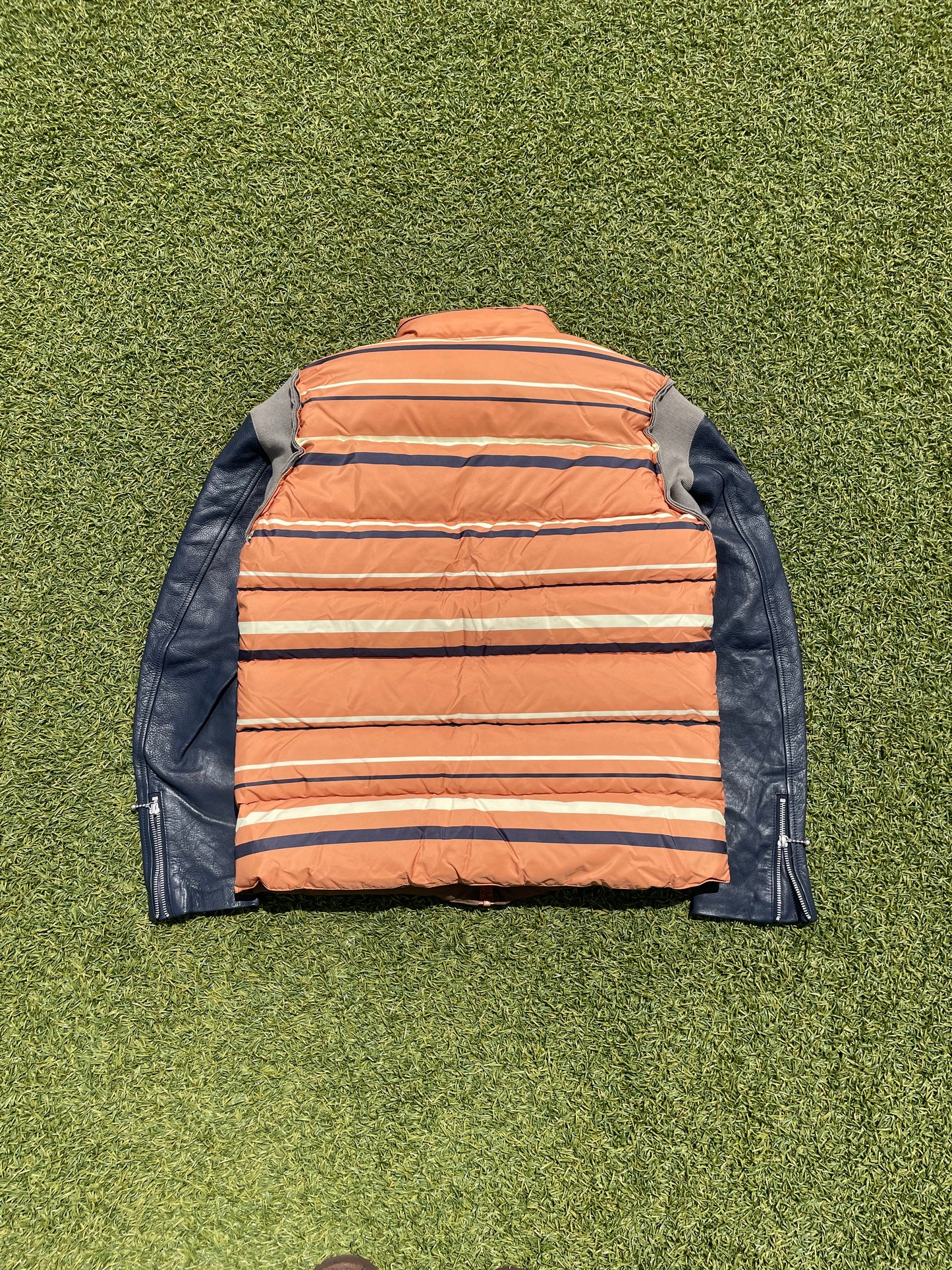 AW14 Undercover Hybrid Leather Sleeve Stripe Nylon Puffer Jacket