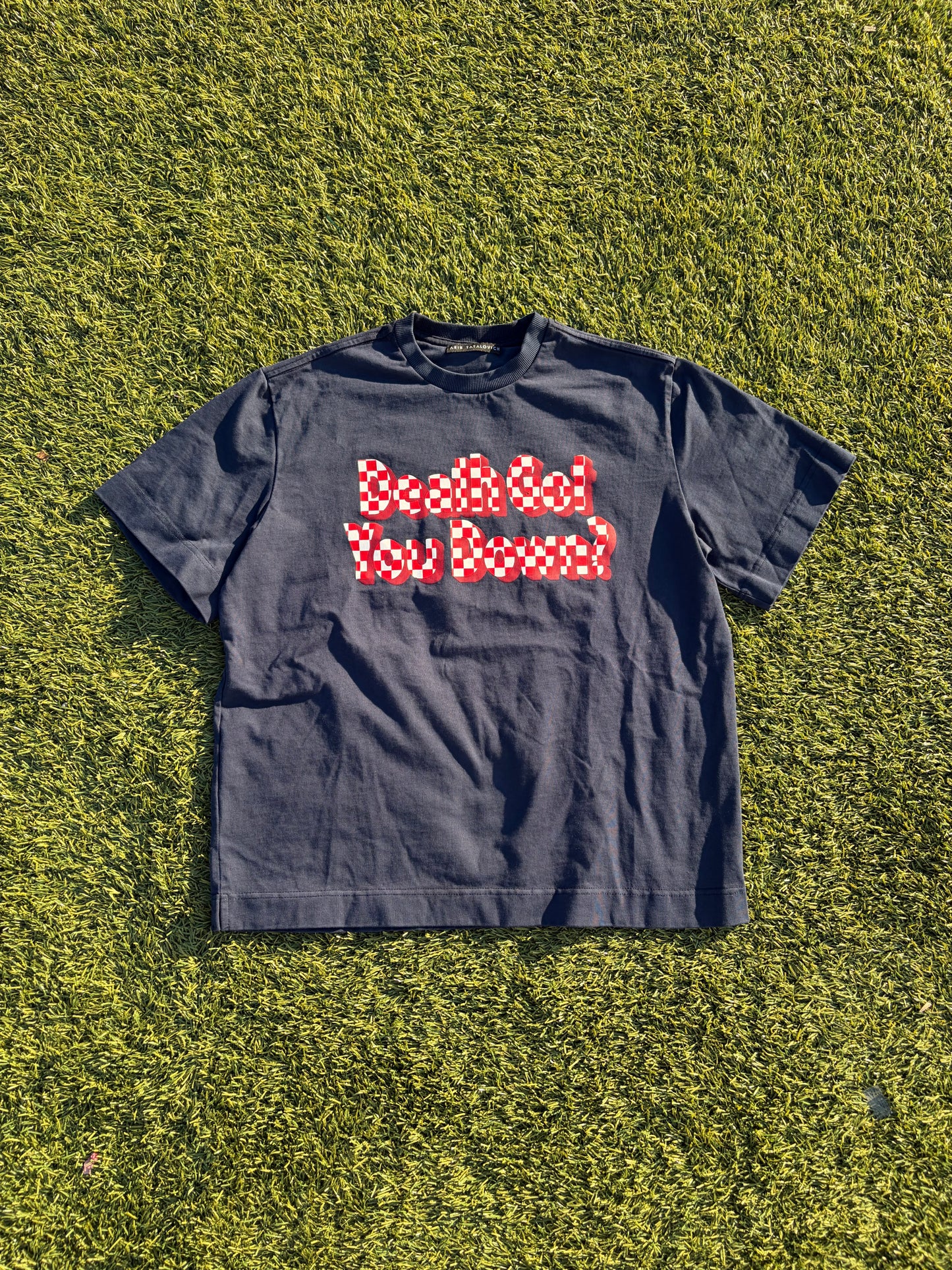 SS25 Aris Tatalovich “Death Got You Down?” Checkered board T-Shirt