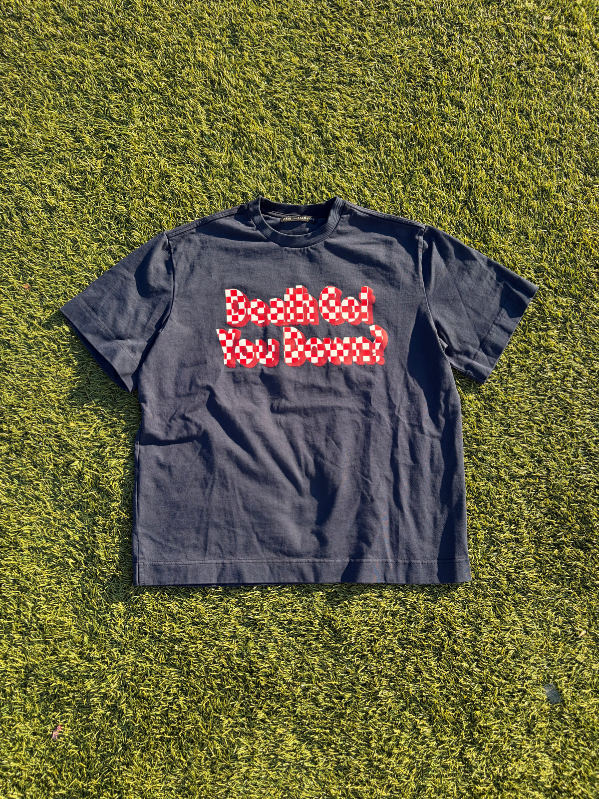 SS25 Aris Tatalovich “Death Got You Down?” Checkered board T-Shirt