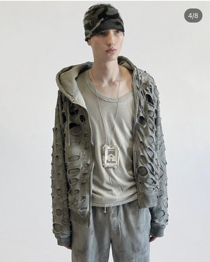 Alexander Digenova “New York” Double Layer Distressed Zip Up Hoodie