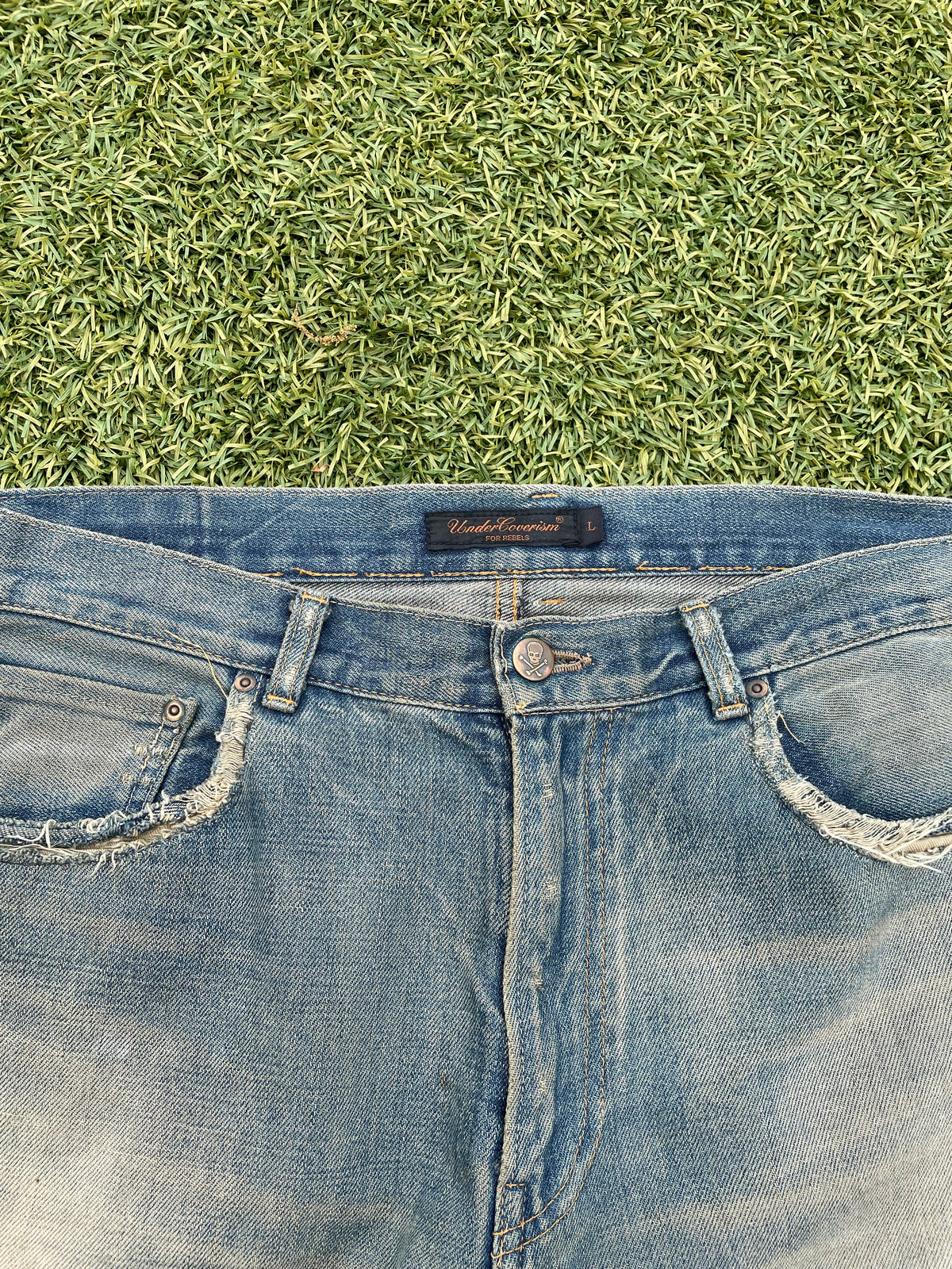 AW04 “But Beautiful” - Undercover 68 Red Yarn Distressed Denim