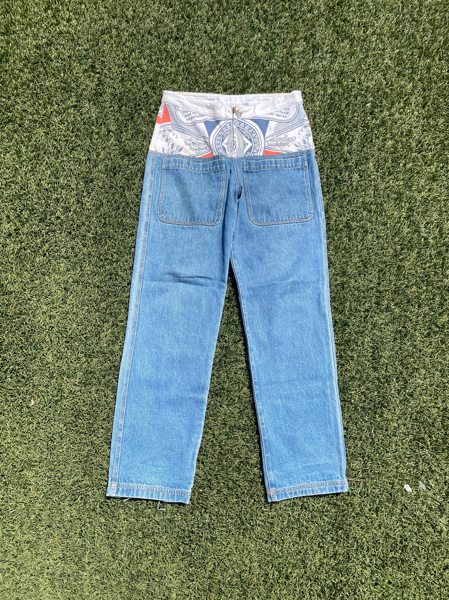 SS19 Telfar Drop Waist ‘Budweiser’ Hybrid Denim