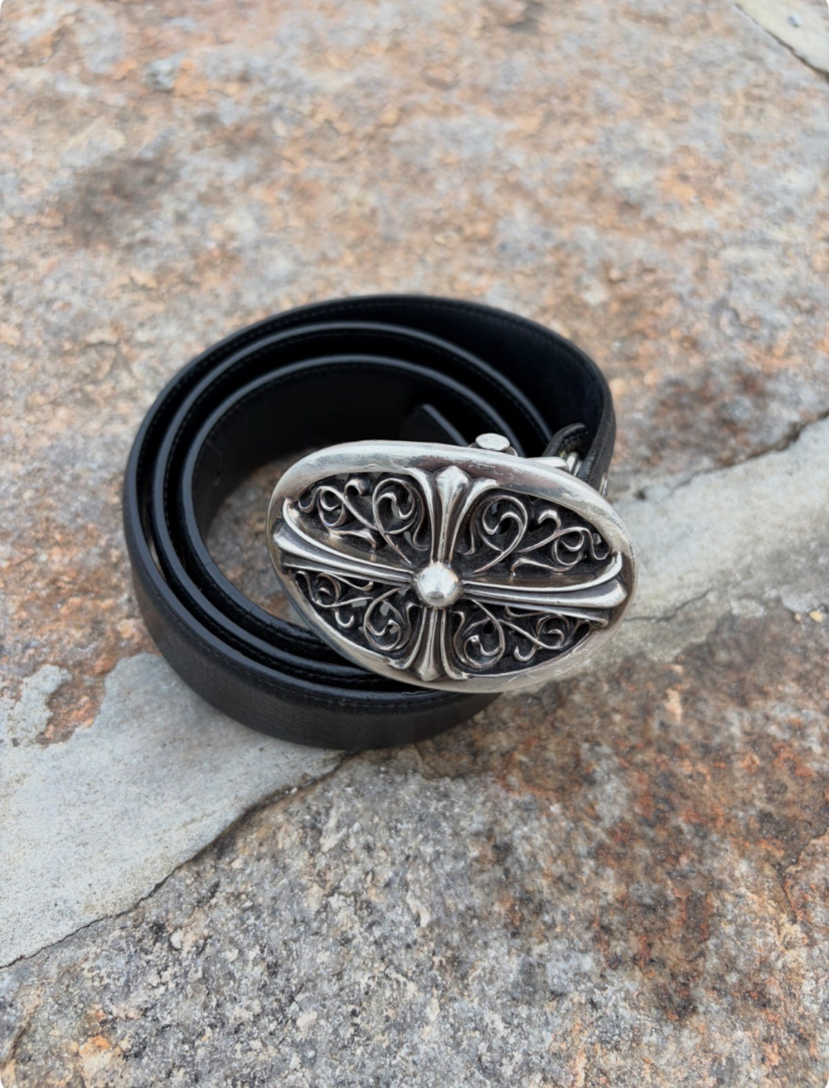 Chrome Hearts Sterling Silver Oval Cross 1.5 Inch Leather Belt