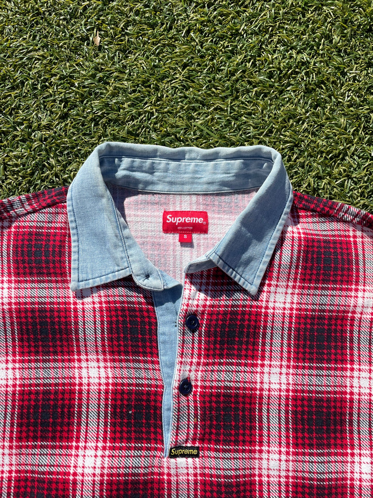 FW14 Supreme Shadow Plaid Denim Collar Rugby