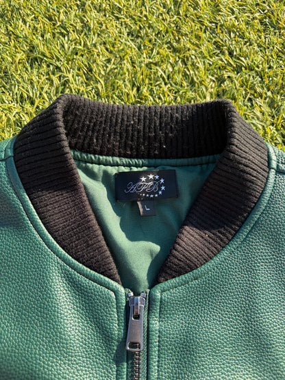 AFB Green Studded Leather Bomber Jacket