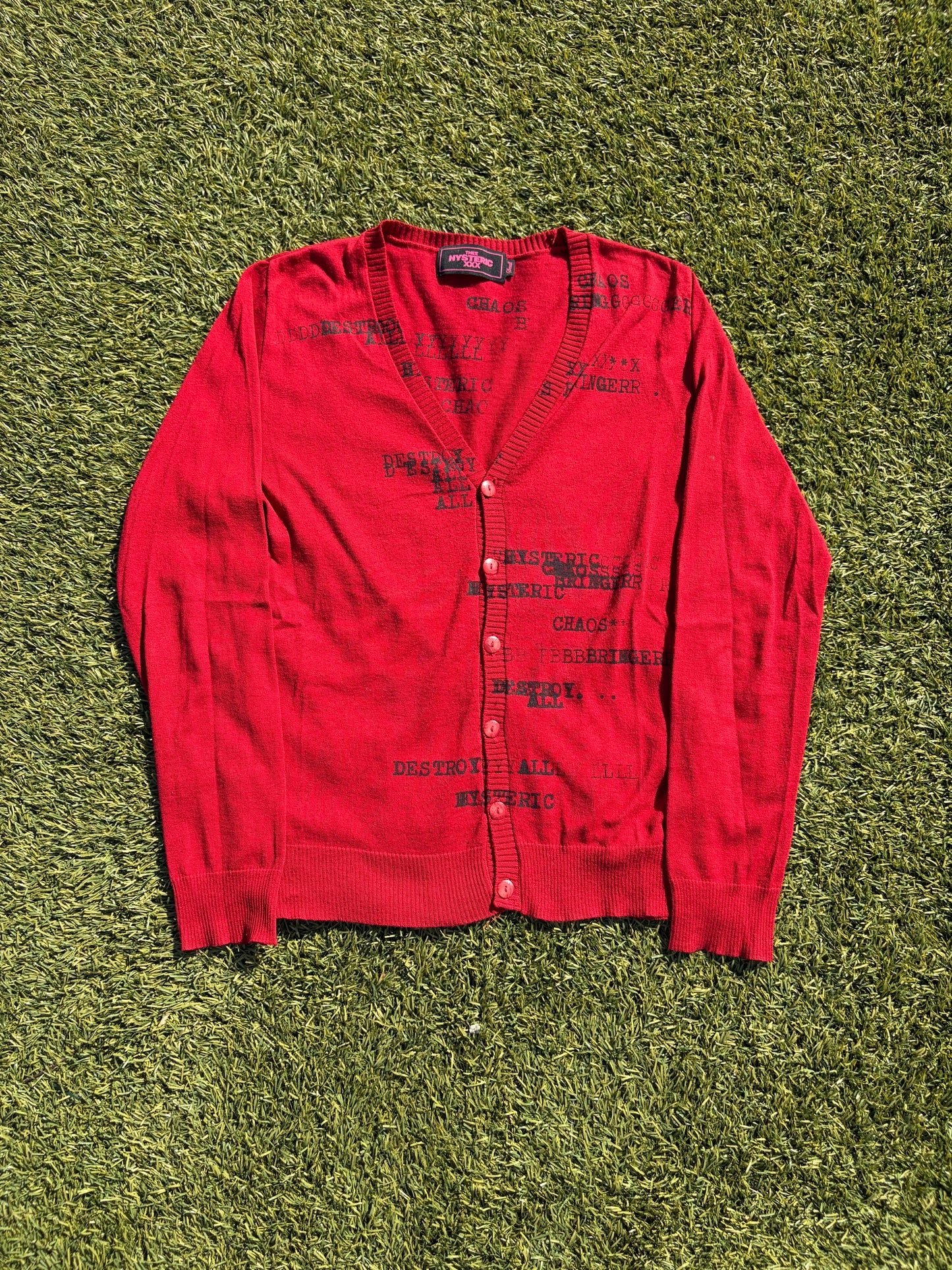 1990s Hysteric Glamour “Destroy All” Red Knit Cardigan
