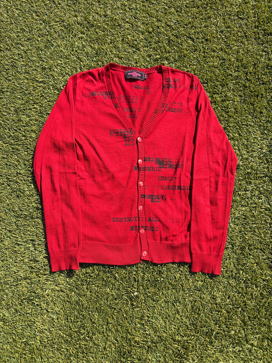 1990s Hysteric Glamour “Destroy All” Red Knit Cardigan
