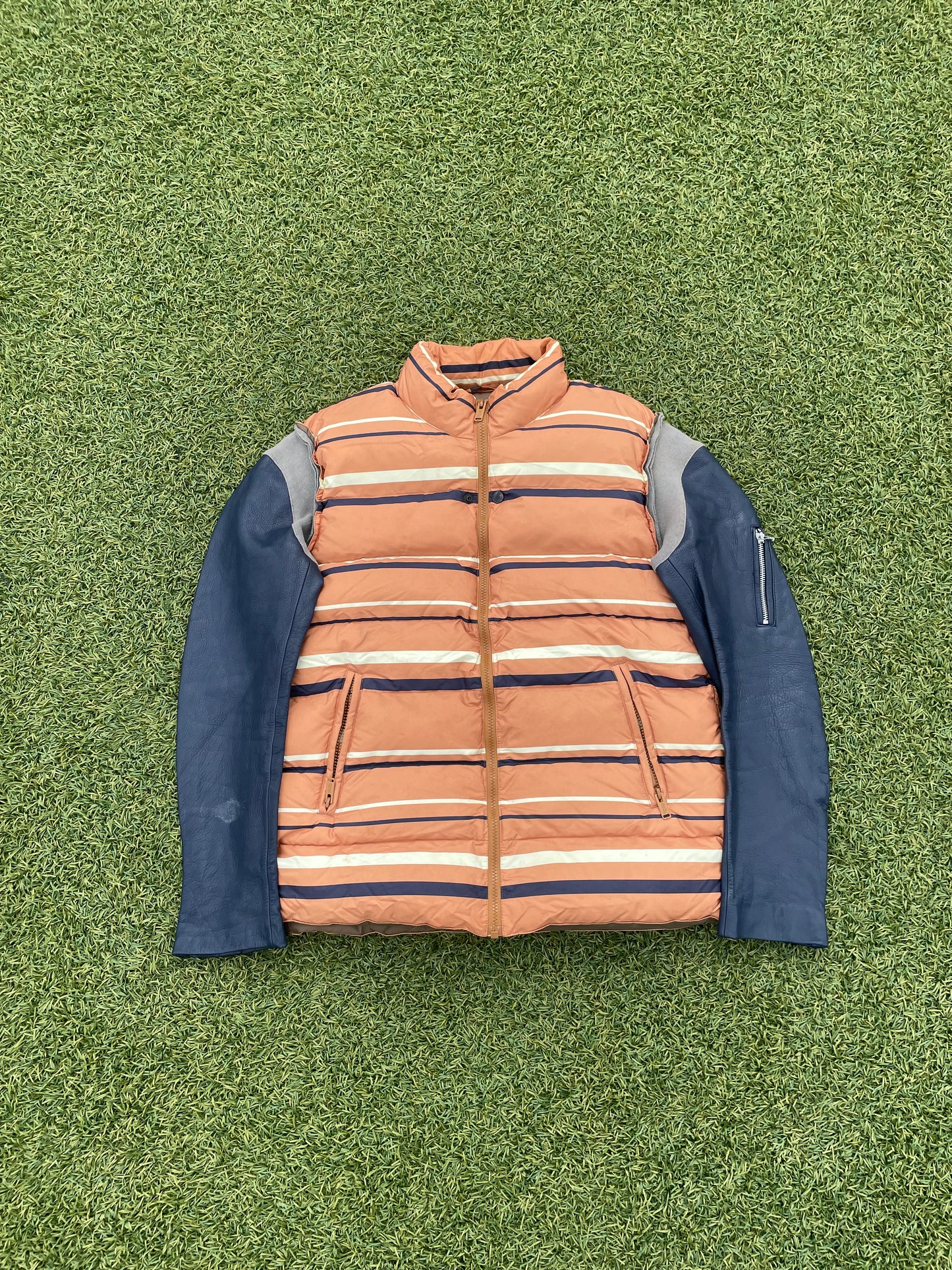AW14 Undercover Hybrid Leather Sleeve Stripe Nylon Puffer Jacket