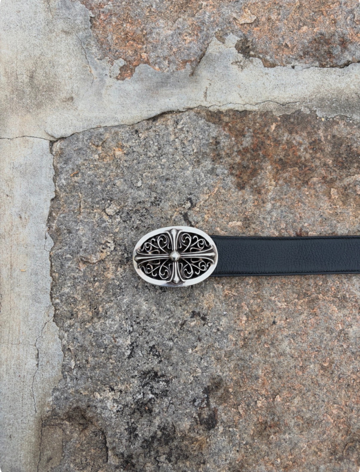 Chrome Hearts Sterling Silver Oval Cross 1.5 Inch Leather Belt