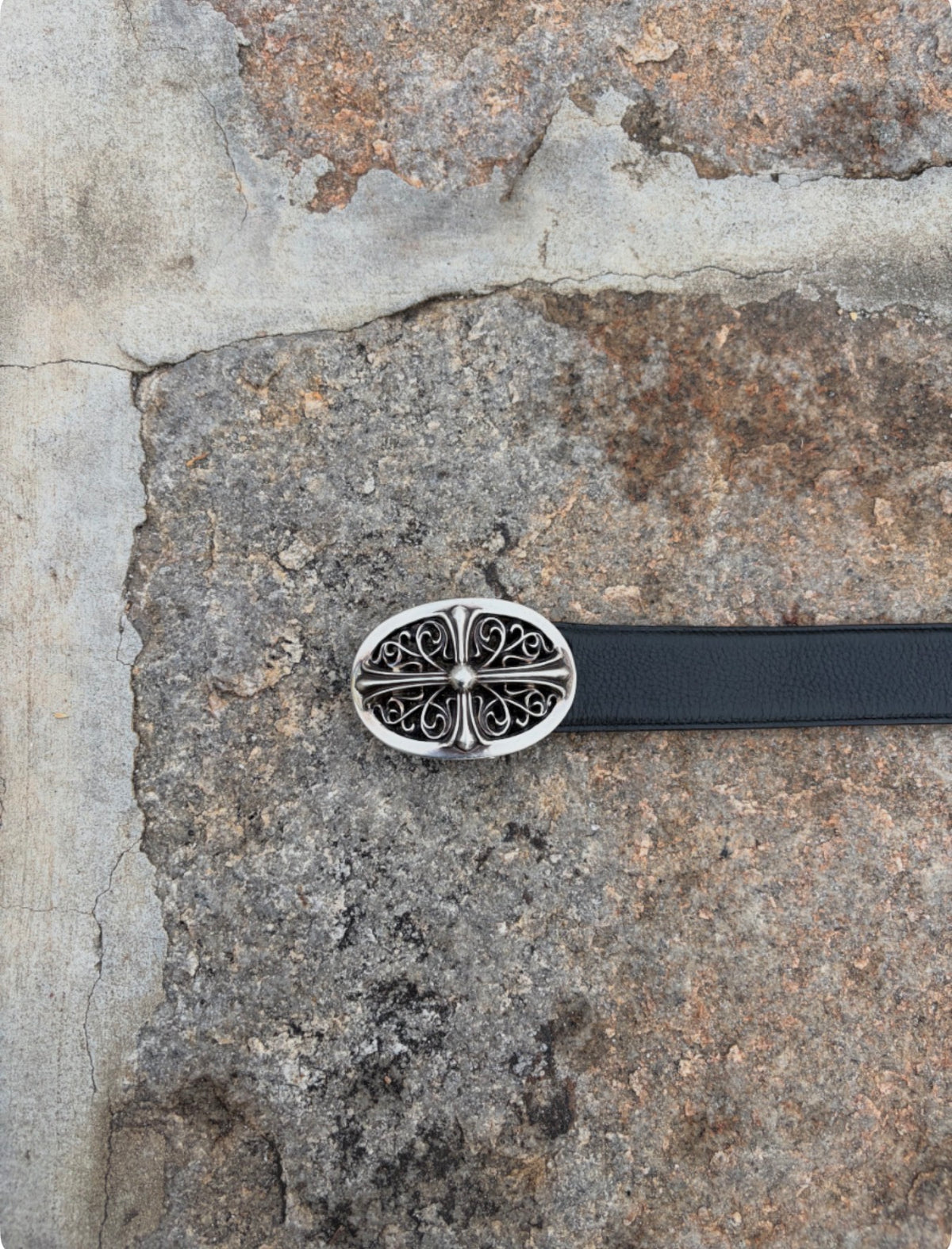 Chrome Hearts Sterling Silver Oval Cross 1.5 Inch Leather Belt