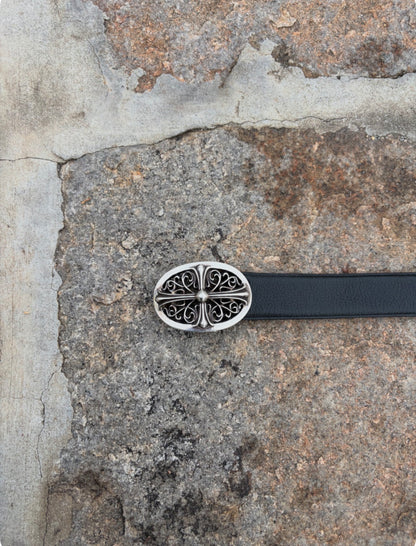 Chrome Hearts Sterling Silver Oval Cross 1.5 Inch Leather Belt