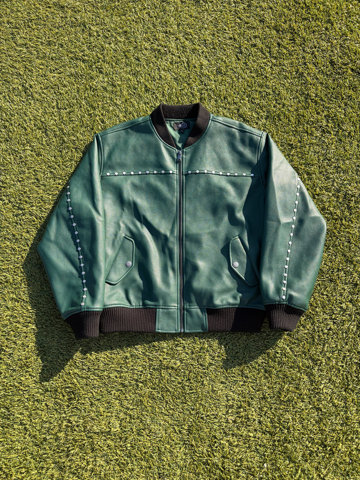 AFB Green Studded Leather Bomber Jacket