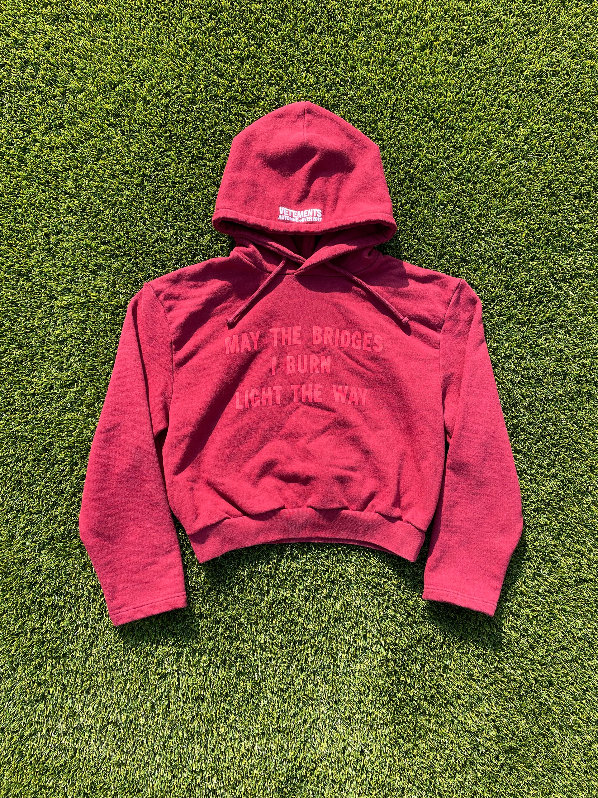 AW17 Vetements “May The Bridges I Burn” Cropped Hoodie – RWNDBCKWRDS