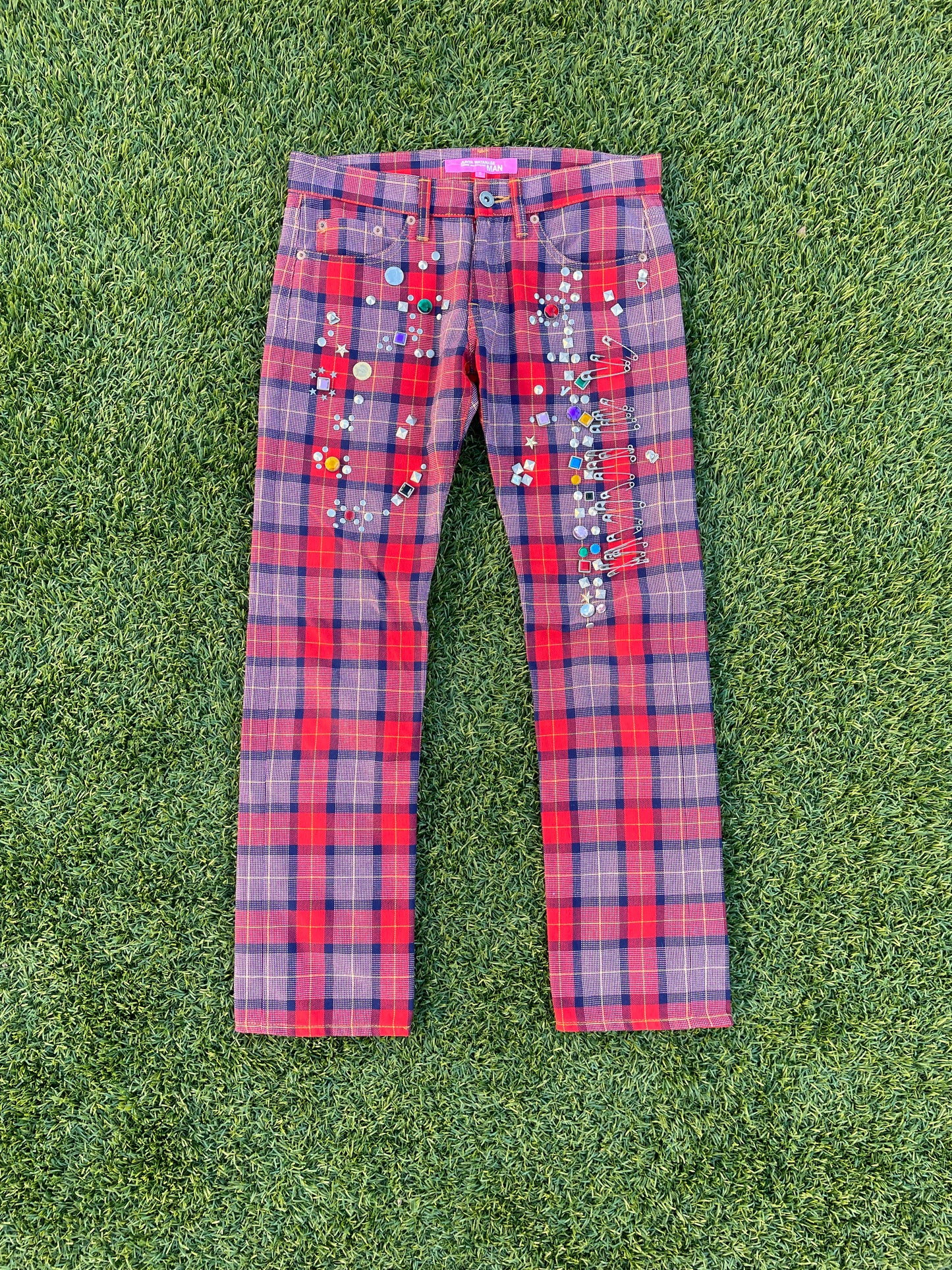 AD2002 Junya Watanabe CDG Jewel Studded Plaid Trousers – RWNDBCKWRDS AD2002 Junya Watanabe CDG Jewel Studded Plaid Trousers – RWNDBCKWRDS