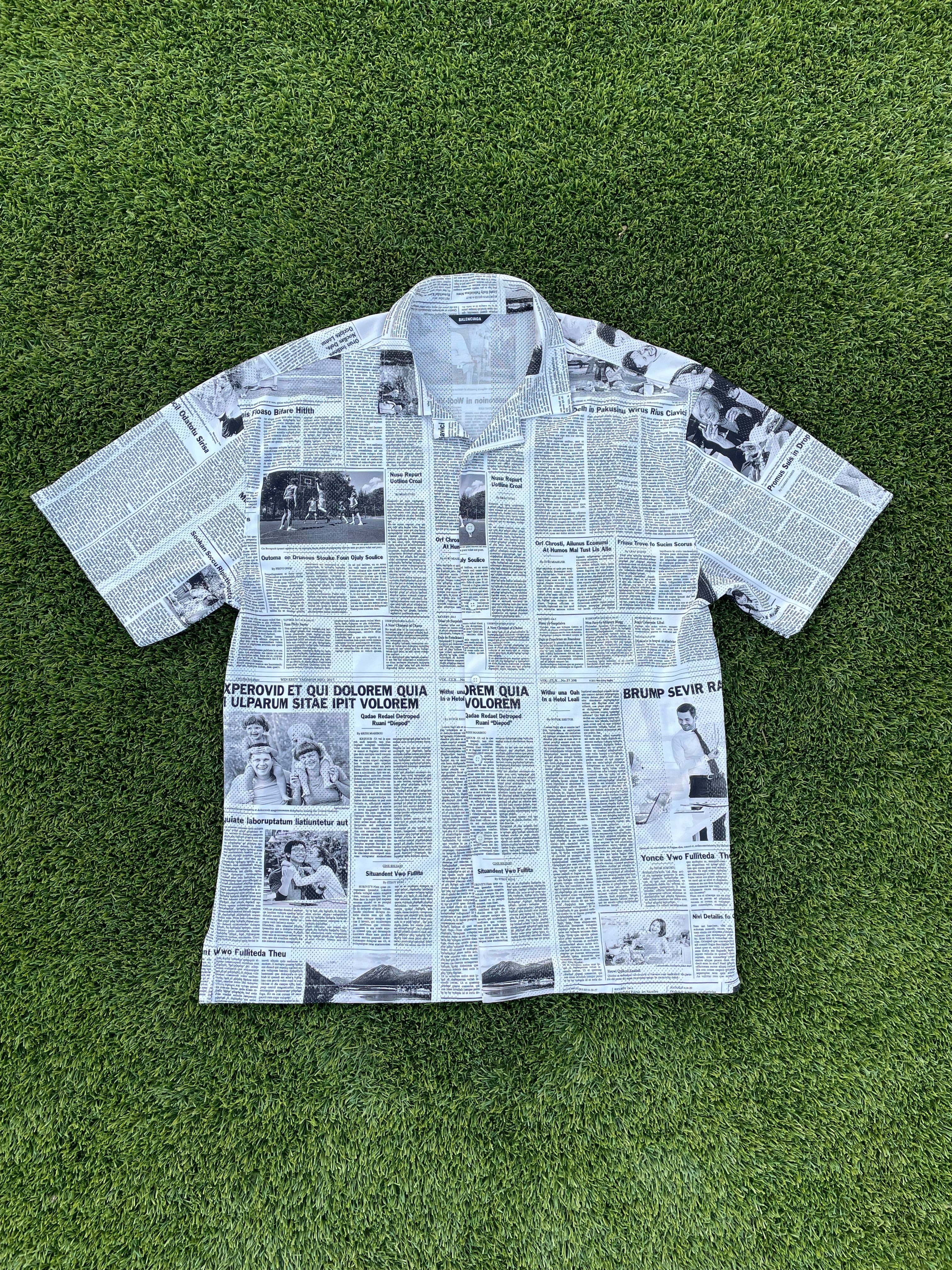 SS2021 Balenciaga Newspaper Print Sport Button Up Shirt – rwndbckwrds
